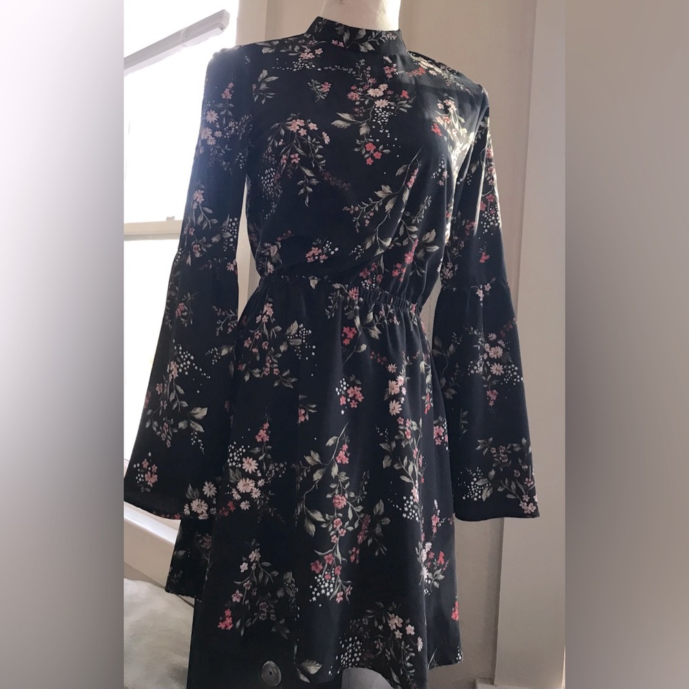 H & M Chic Black Floral Long bell Sleeve Dress